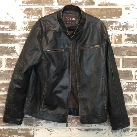 Guess Other - vintage GUESS Large brown faux-leather cafe racer motorcycle jacket